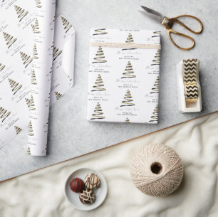 Gold Black Artsy Tree Pattern Name Merry Christmas Wrapping Paper