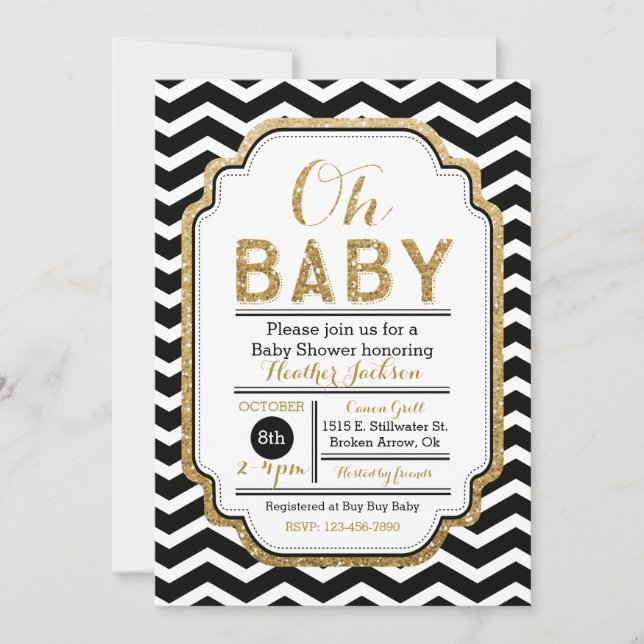 Gold & Black Baby Shower Invitation, Boy Baby Invitation (Front)