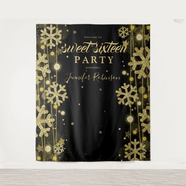 Gold Black Backdrop Winter Sweet Sixteen Tapestry (Front)