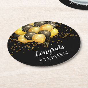 Gold Black Balloon Retirement Partry Sugar Cookies Round Paper Coaster