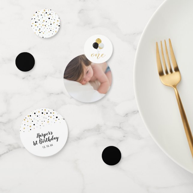 Gold & Black | Balloons 1st Birthday Party Confetti (Group)