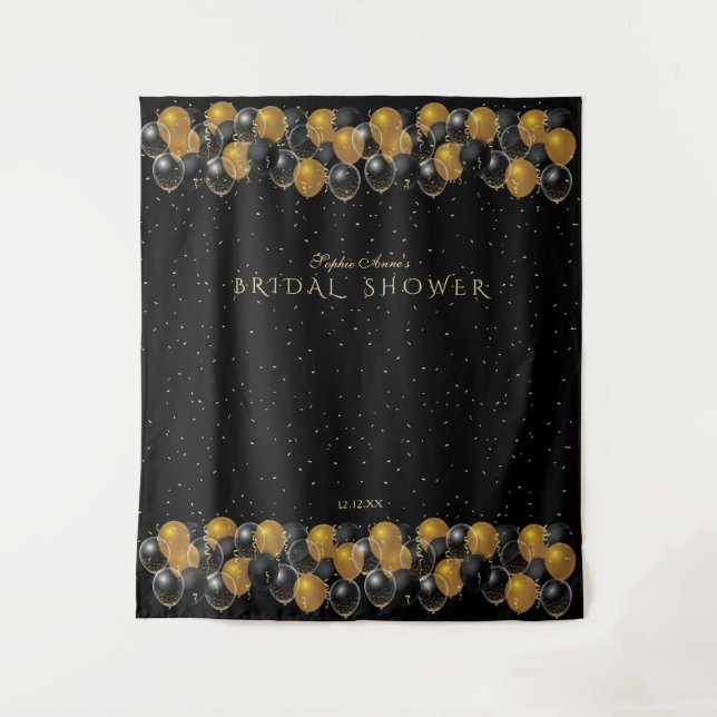 Gold Black Balloons Bridal Shower Photo Booth Tapestry (Front)