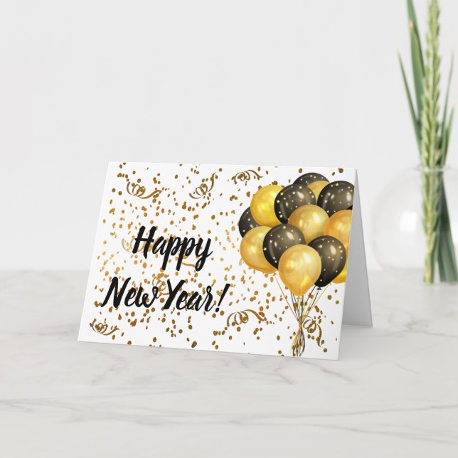 Gold Black Balloons Confetti New Year Template (Front)