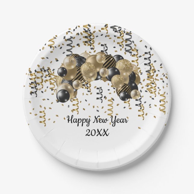Gold Black Balloons Confetti New Years Eve Party  Paper Plate (Front)