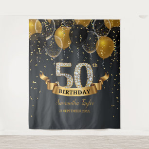 Gold black balloons diamond 50th birthday party tapestry