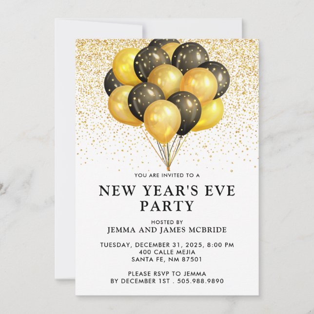 Gold Black Balloons Glitter New Year's Eve Party I Invitation (Front)