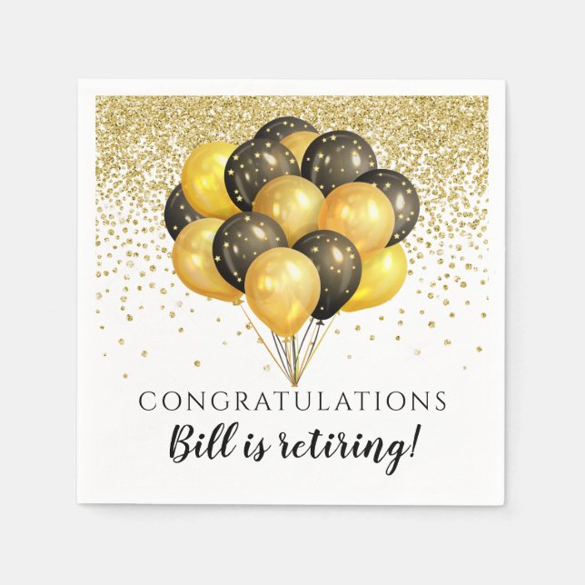 Gold Black Balloons Gold Glitter Retirement Party Napkin (Front)