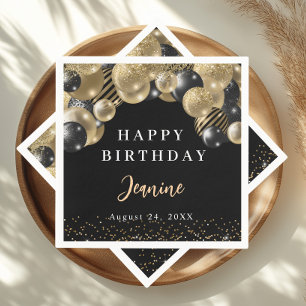 Gold Black Balloons Happy Birthday Party Napkin