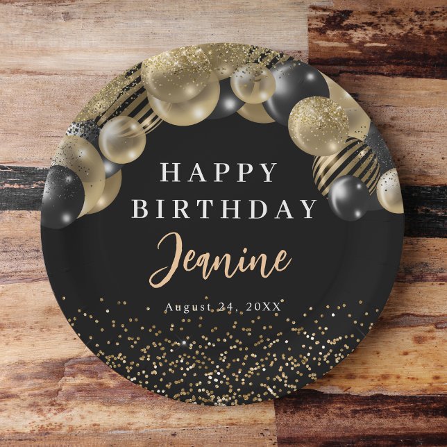 Gold Black Balloons Happy Birthday Party  Paper Plate (Creator Uploaded)