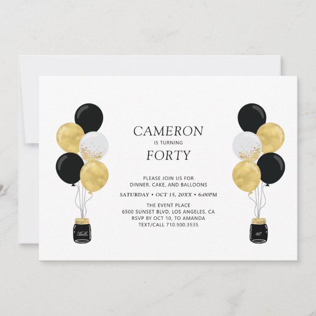 Gold & Black Balloons Modern Adult Birthday Party Invitation (Front)