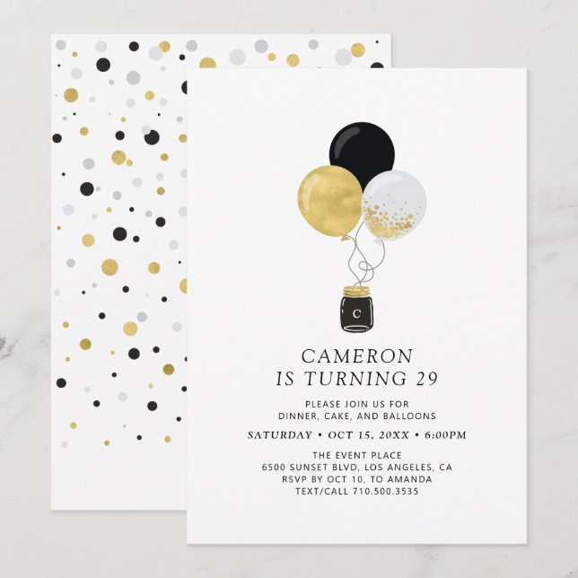Gold & Black Balloons Modern Adult Birthday Party Invitation (Front/Back)