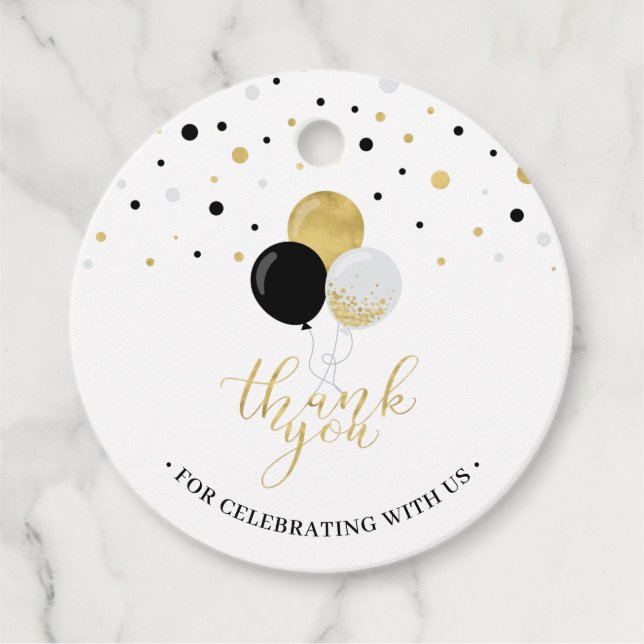 Gold & Black Balloons | Party Thank you Favour Tag (Front)