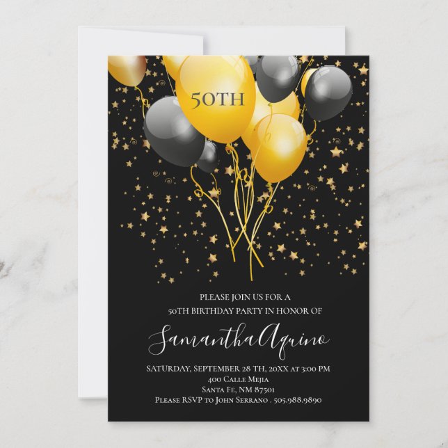 Gold & Black Balloons Star Confetti 50th Birthday Invitation (Front)