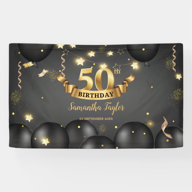 Gold black balloons stars elegant birthday party banner (Horizontal)