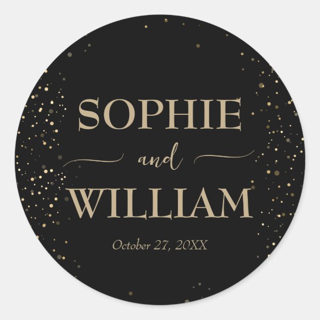 Gold & Black Beautiful Elegant Wedding Classic Round Sticker (Front)