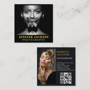 Gold Black Bold Script 2 Photo Minimal QR Code  Square Business Card