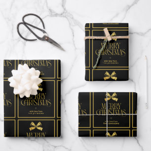 Gold & Black Bow Custom Family Name Christmas Wrapping Paper Sheet