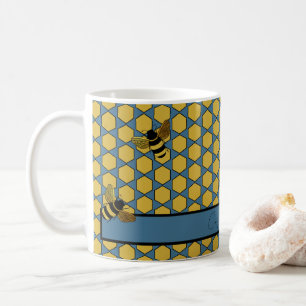 GOLD BLACK BUMBLE BEES ON BLUE HONEYCOMB PATTERN COFFEE MUG