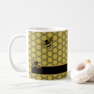 GOLD BLACK BUMBLE BEES ON GREEN HONEYCOMB PATTERN COFFEE MUG