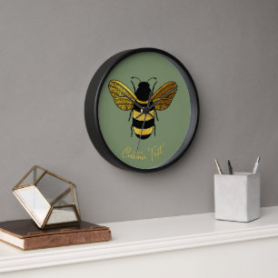 GOLD BLACK BUMBLEBEE CUSTOM CALLIGRAPHY TEXT BEE  CLOCK