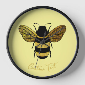 GOLD BLACK BUMBLEBEE CUSTOM CALLIGRAPHY TEXT BEE CLOCK