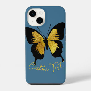 GOLD BLACK BUTTERFLY CUSTOM SCRIPT TEXT DENIM BLUE iPhone 14 CASE