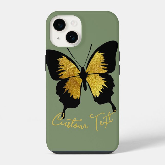 GOLD BLACK BUTTERFLY CUSTOM SCRIPT TEXT SAGE GREEN iPhone CASE (Back)