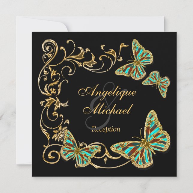 Gold black butterfly RECEPTION wedding engagement Invitation (Front)