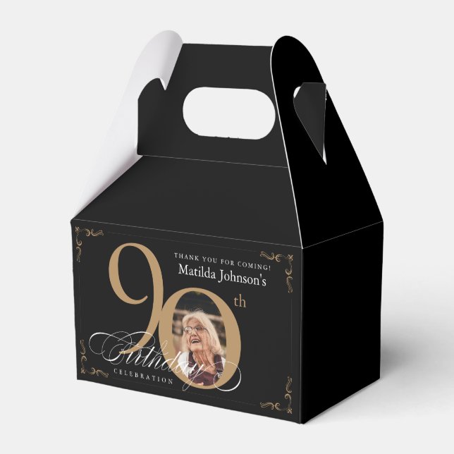 Gold Black Calligraphy Custom Photo 90th Birthday Favour Box (Front Side)