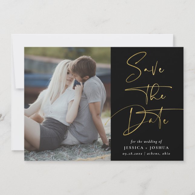 Gold & Black Calligraphy Photo Save the Date Card (Front)