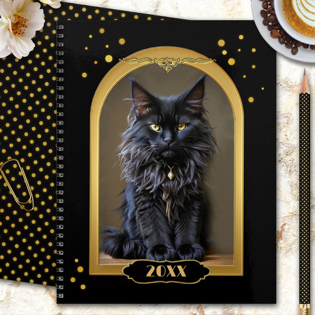 Gold Black Cat Art Deco Planner (A boho chic design gold and black year planner with a majestic black cat)