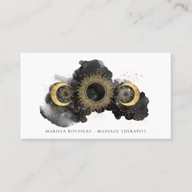 Gold Black Celestial Massage Therapist Business Card (Front)