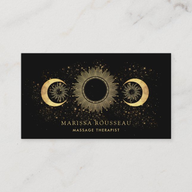 Gold Black Celestial Massage Therapist Business Card (Front)