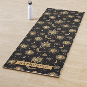 Gold Black Celestial Sun Moon Star Exercise Yoga Mat