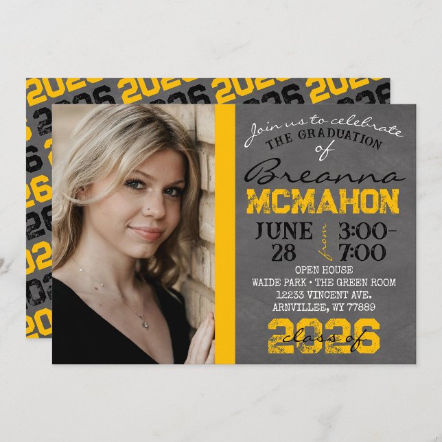 Gold & Black Chalkboard Graduation Invitation (Repeating Class Year Chalkboard Graduation Photo Invitations)