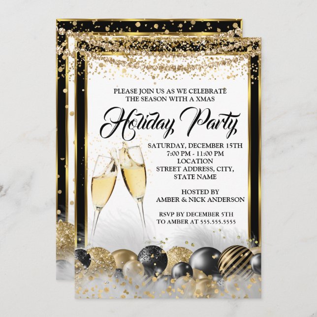 Gold Black Champagne Holiday Christmas Party Invitation (Front/Back)