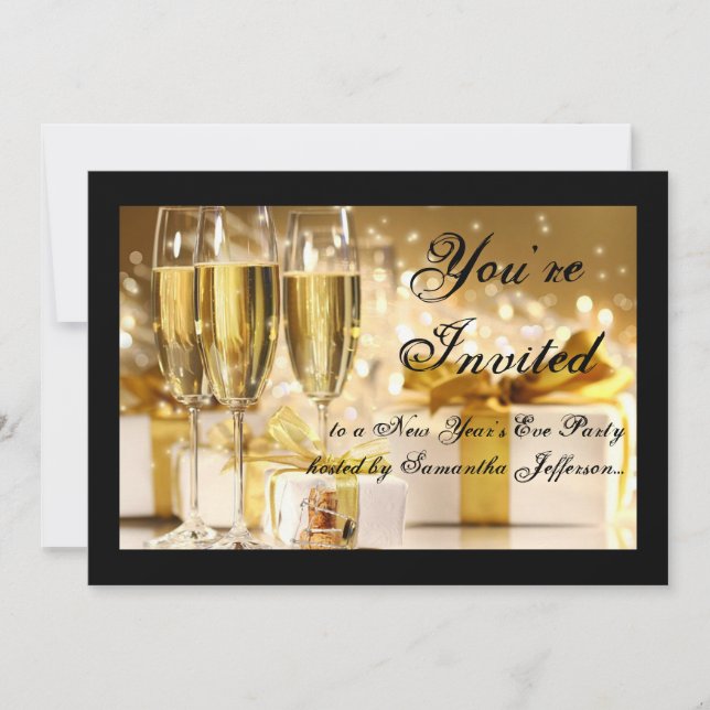 Gold/Black Champagne New Year's Eve Party Invitation (Front)