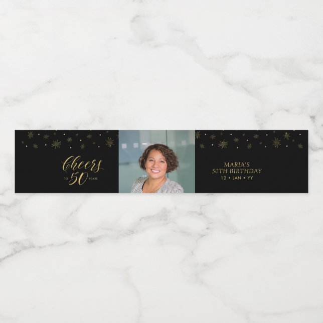 Gold & Black Cheers 50 years, 50th Birthday Party Water Bottle Label (Single Label)