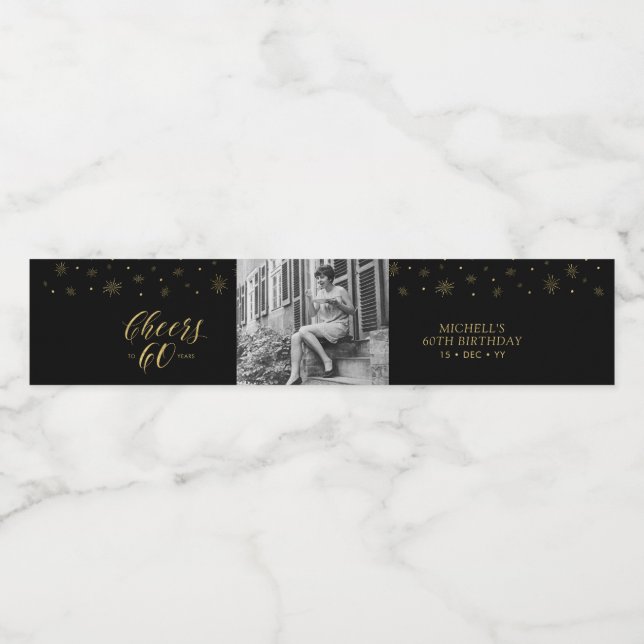 Gold & Black Cheers 60 years, 60th Birthday Party Water Bottle Label (Single Label)