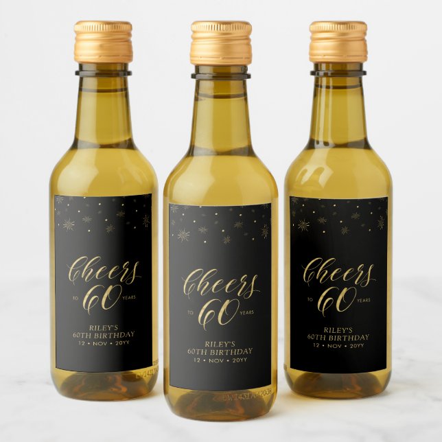 Gold & Black Cheers 60 years, 60th Birthday Party Wine Label (Bottles)