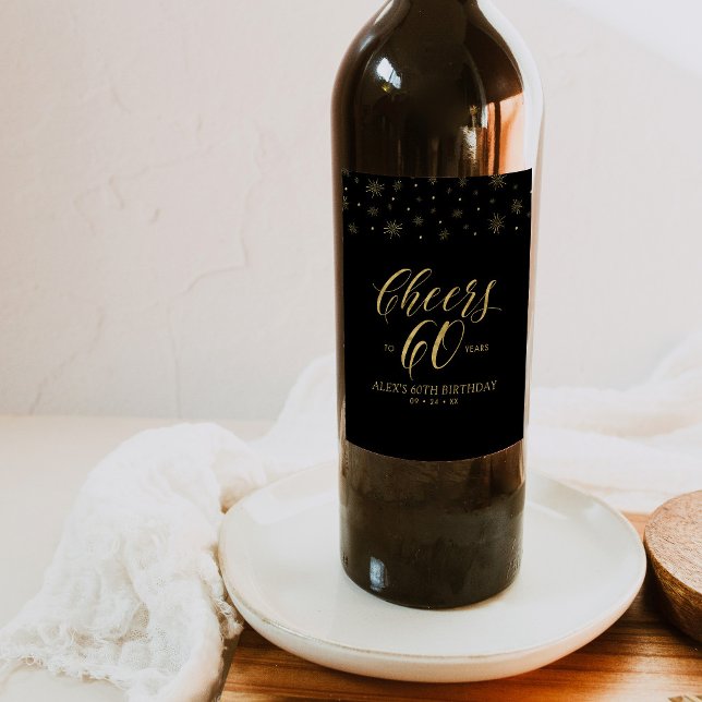 Gold & Black Cheers 60th Birthday Party Wine Label (Creator Uploaded)