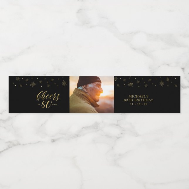 Gold & Black Cheers 80 years, 80th Birthday Party Water Bottle Label (Single Label)