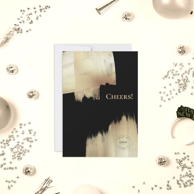  Gold Black Cheers Happy New Year with Logo Holida Holiday Card (Creator Uploaded)