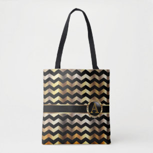 Gold & Black Chevron Monogram Design Tote Bag