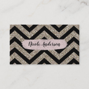 Gold Black Chevron Pink Glitter Modern Brush Glam Business Card