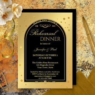 Gold Black Chic Confetti Rehearsal Dinner Invitation