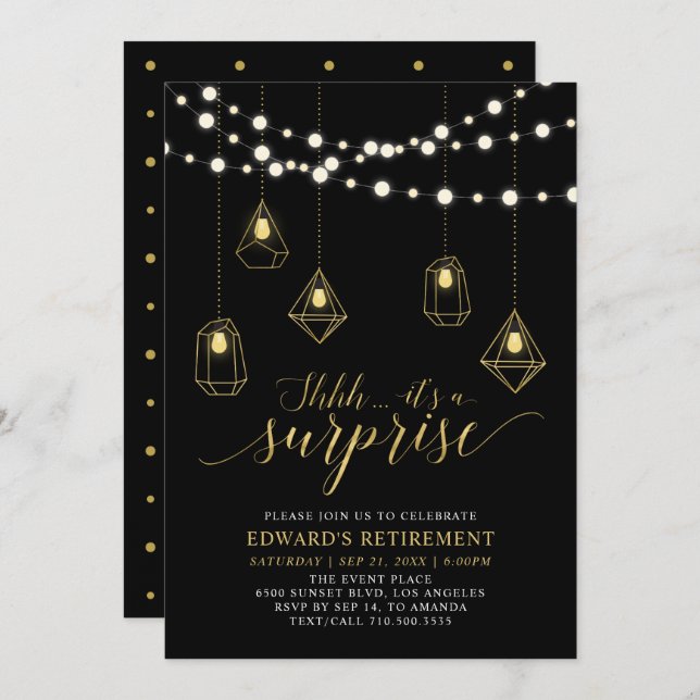 Gold & Black Chic Modern Surprise Retirement Party Invitation (Front/Back)