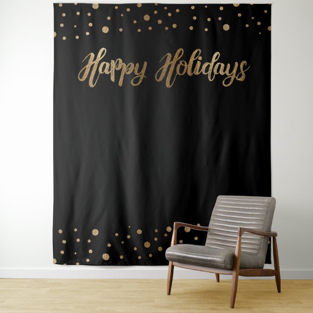 Gold Black Christmas Holiday Photo Backdrop Tapestry (In Situ)