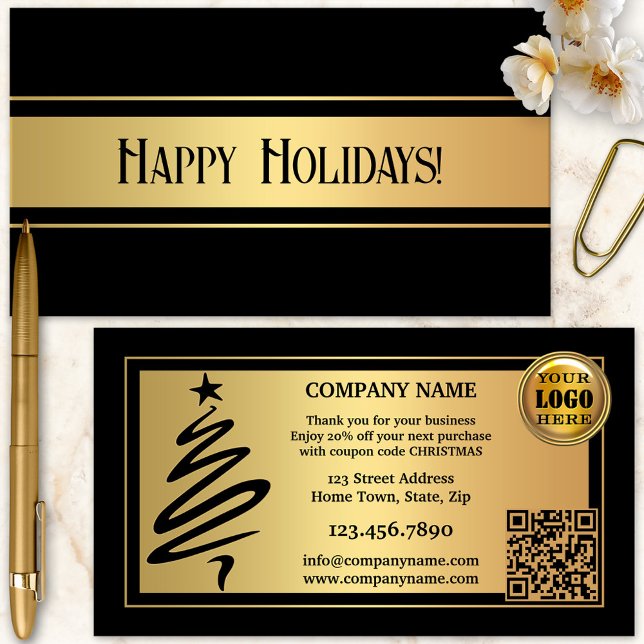 Gold Black Christmas Holidays Thank You Business Card (Stylish gold and black Christmas Holidays Thank You business card with a Christmas tree outline)