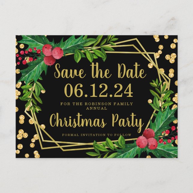 Gold Black Christmas Save Date Holly Glitter Announcement Postcard (Front)